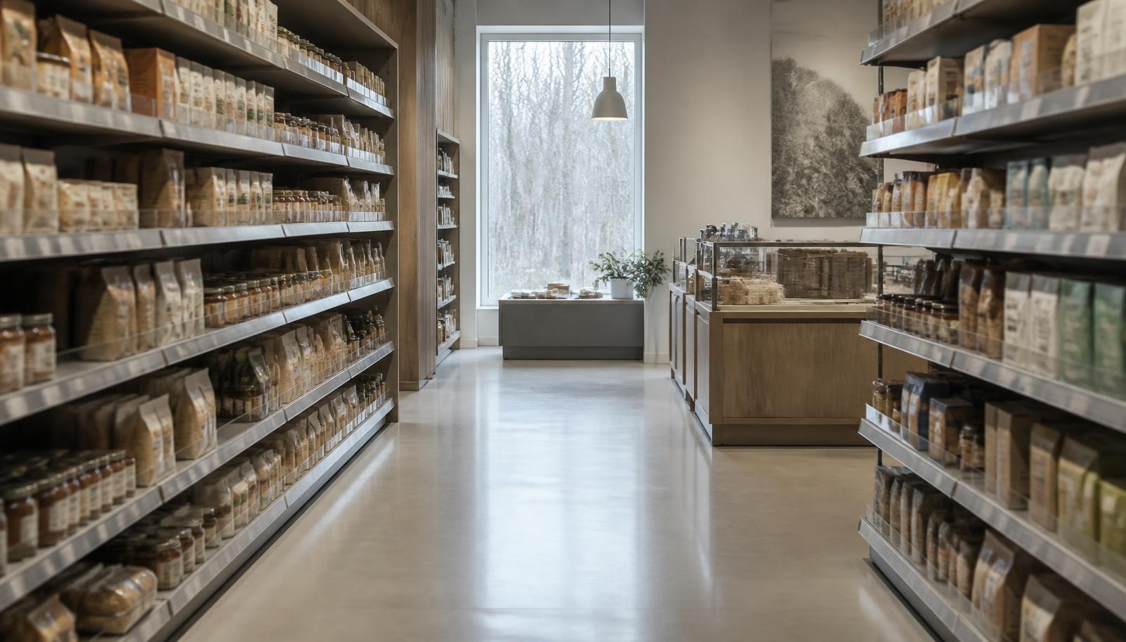 A grocery store aisle with long shelves of packaged goods