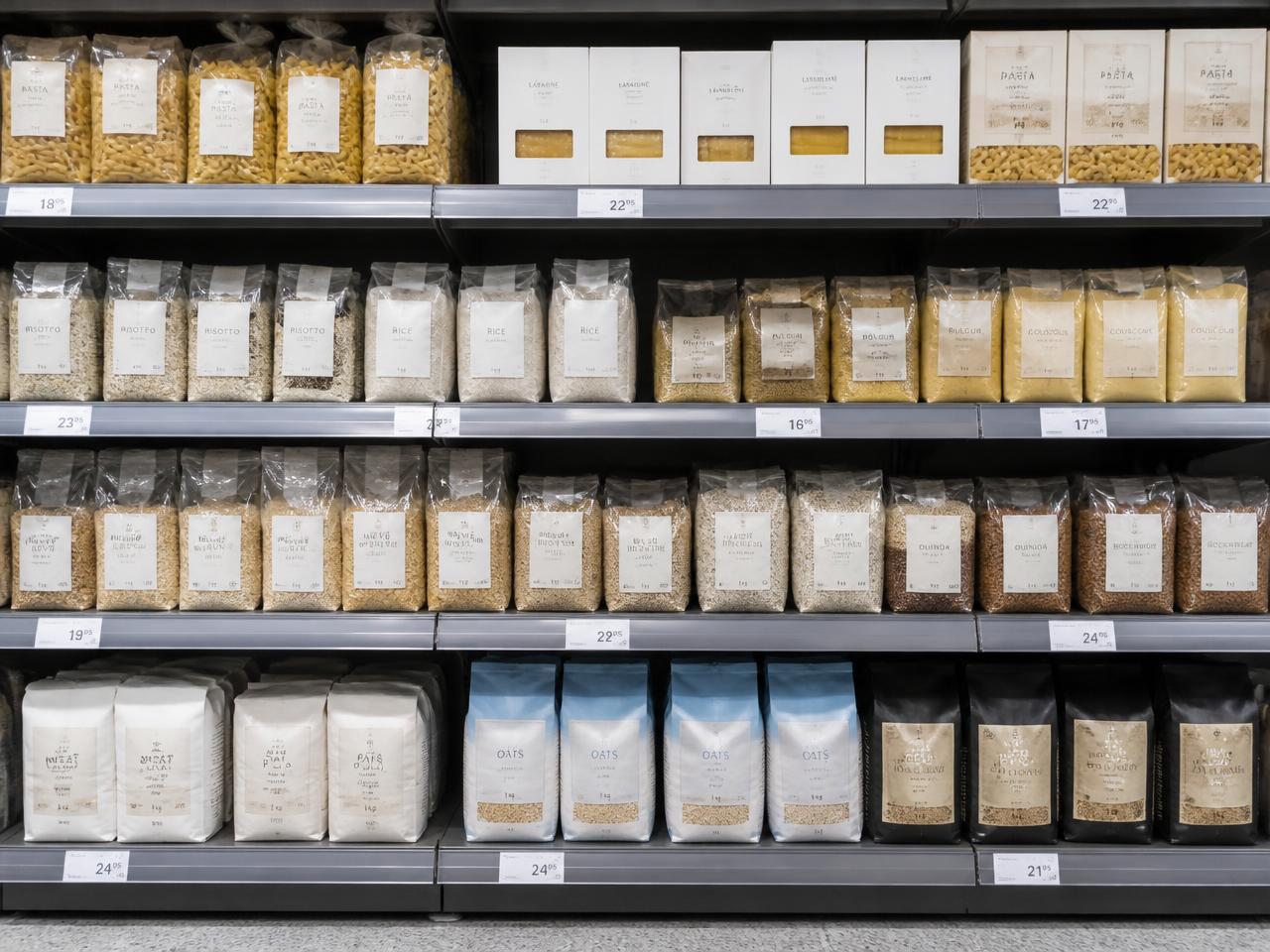 A supermarket shelf of packaged grocery products