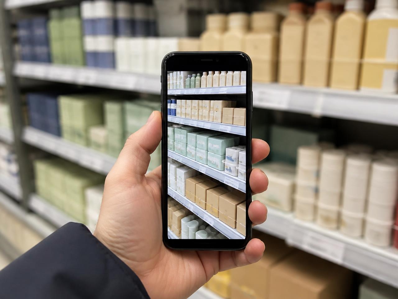 A person photographing a shelf of packaged products with a phone